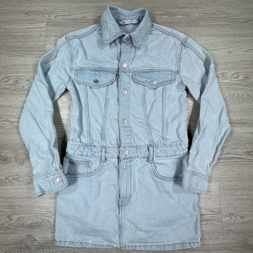 Zara Women's Denim Jean Dress Light Blue XS Mini Button Up Long Sleeve Jean